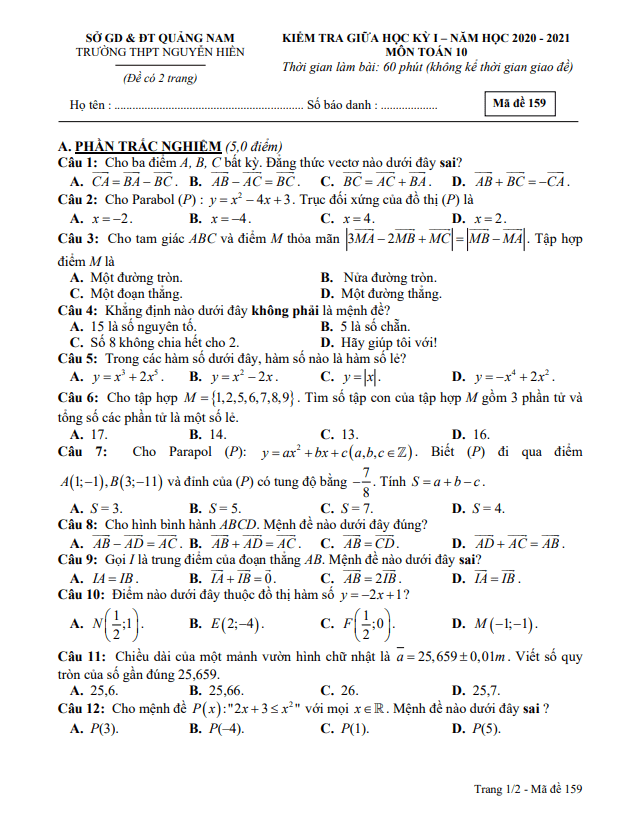 Đề thi giữa HK1 Toán 10 năm 2020 2021 trường THPT Nguyễn Hiền Quảng Nam