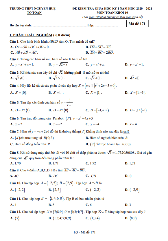 Đề thi giữa HK1 Toán 10 năm 2020 2021 trường THPT Nguyễn Huệ Đắk Lắk