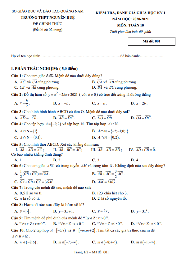 Đề thi giữa HK1 Toán 10 năm 2020 2021 trường THPT Nguyễn Huệ Quảng Nam