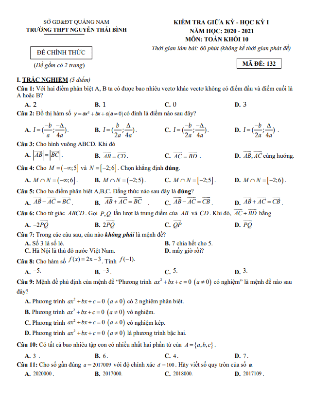 Đề thi giữa HK1 Toán 10 năm 2020 2021 trường THPT Nguyễn Thái Bình Quảng Nam