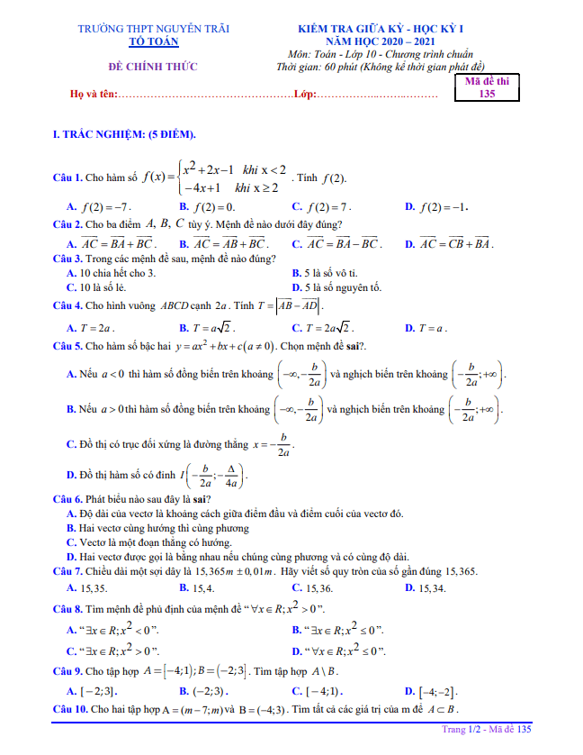 Đề thi giữa HK1 Toán 10 năm 2020 2021 trường THPT Nguyễn Trãi Quảng Nam
