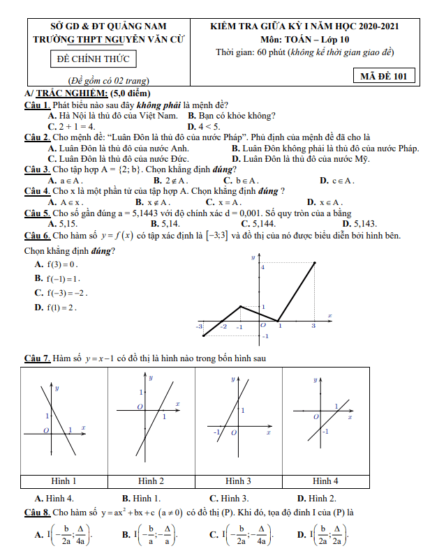 Đề thi giữa HK1 Toán 10 năm 2020 – 2021 trường THPT Nguyễn Văn Cừ – Quảng Nam