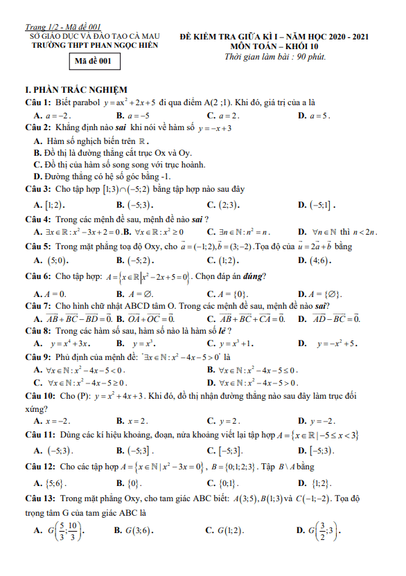 Đề thi giữa HK1 Toán 10 năm 2020 2021 trường THPT Phan Ngọc Hiển Cà Mau
