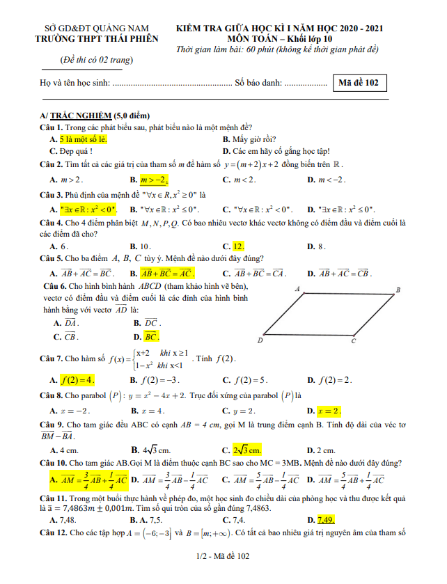 Đề thi giữa HK1 Toán 10 năm 2020 2021 trường THPT Thái Phiên Quảng Nam