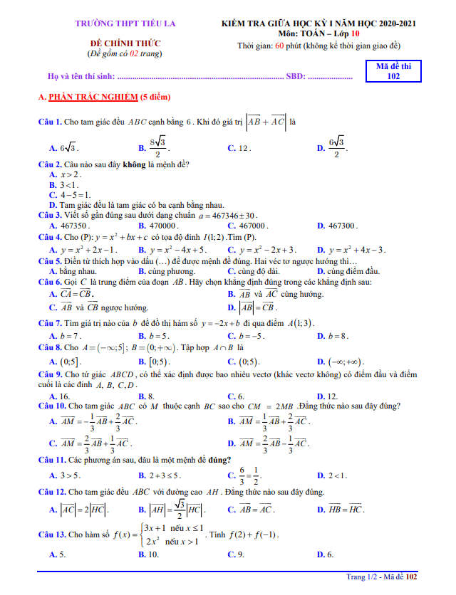 Đề thi giữa HK1 Toán 10 năm 2020 2021 trường THPT Tiểu La Quảng Nam