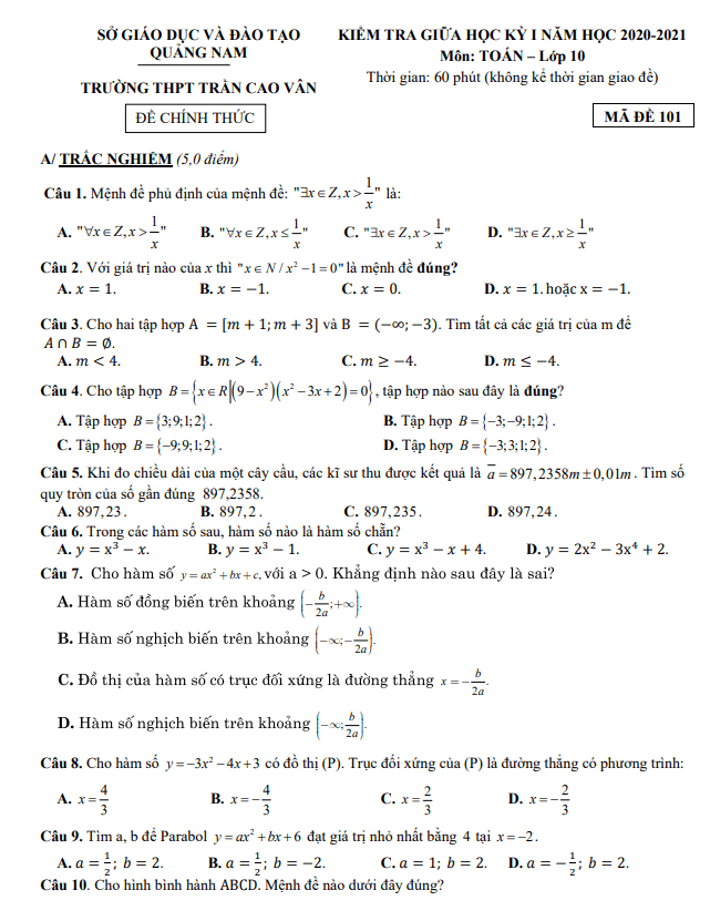 Đề thi giữa HK1 Toán 10 năm 2020 2021 trường THPT Trần Cao Vân Quảng Nam
