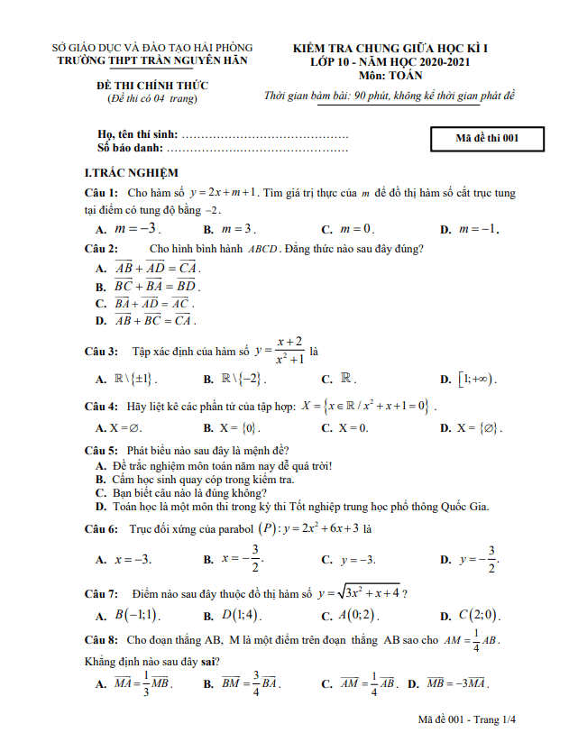 Đề thi giữa HK1 Toán 10 năm 2020 2021 trường THPT Trần Nguyên Hãn Hải Phòng