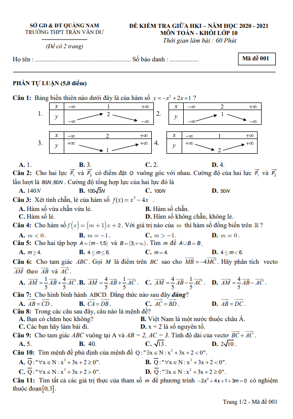 Đề thi giữa HK1 Toán 10 năm 2020 2021 trường THPT Trần Văn Dư Quảng Nam