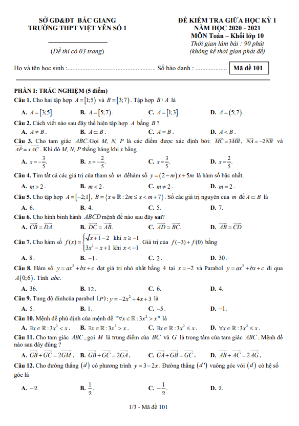 Đề thi giữa HK1 Toán 10 năm 2020 2021 trường THPT Việt Yên 1 Bắc Giang