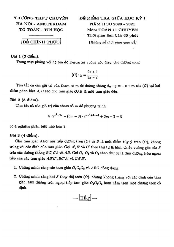 Đề thi giữa HK1 Toán 11 chuyên năm 2020 2021 trường chuyên Hà Nội Amsterdam