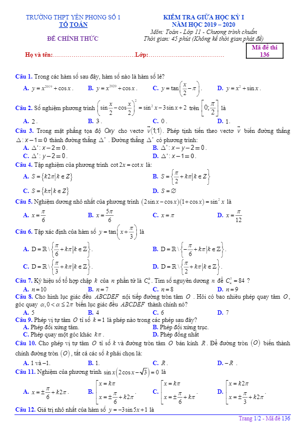 Đề thi giữa HK1 Toán 11 năm 2019 2020 trường THPT Yên Phong 1 Bắc Ninh