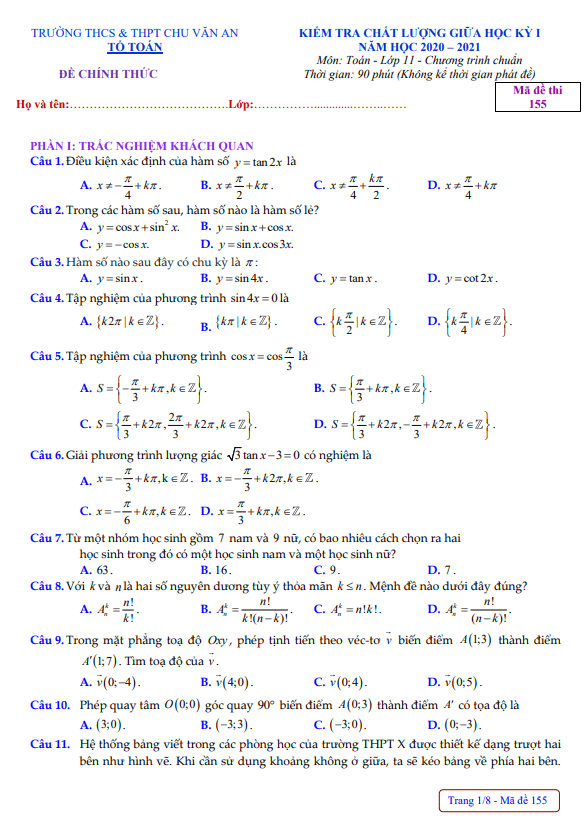 Đề thi giữa HK1 Toán 11 năm 2020 2021 trường Chu Văn An Phú Yên