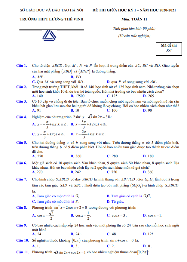 Đề thi giữa HK1 Toán 11 năm 2020 2021 trường Lương Thế Vinh Hà Nội