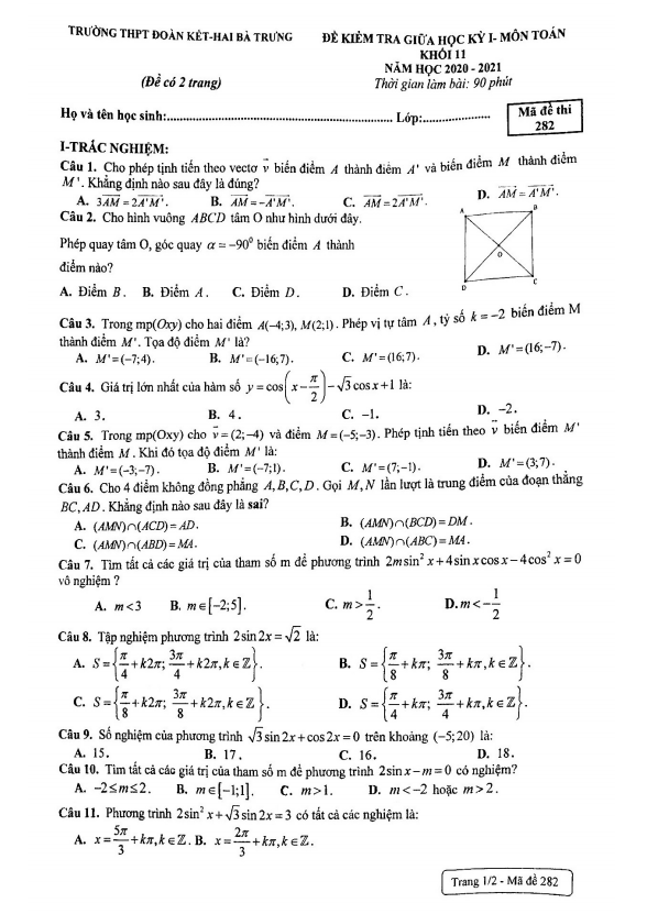 Đề thi giữa HK1 Toán 11 năm 2020 2021 trường THPT Đoàn Kết Hai Bà Trưng Hà Nội
