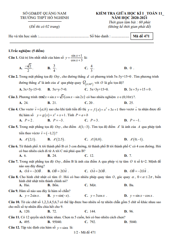 Đề thi giữa HK1 Toán 11 năm 2020 2021 trường THPT Hồ Nghinh Quảng Nam