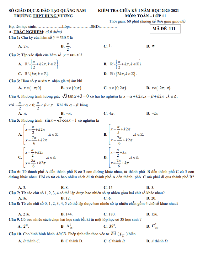 Đề thi giữa HK1 Toán 11 năm 2020 2021 trường THPT Hùng Vương Quảng Nam