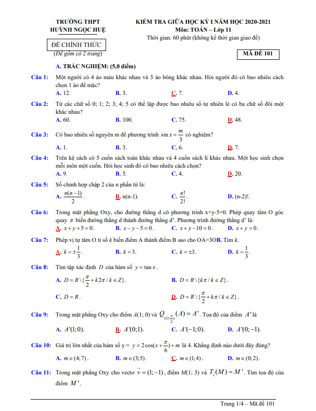 Đề thi giữa HK1 Toán 11 năm 2020 2021 trường THPT Huỳnh Ngọc Huệ Quảng Nam