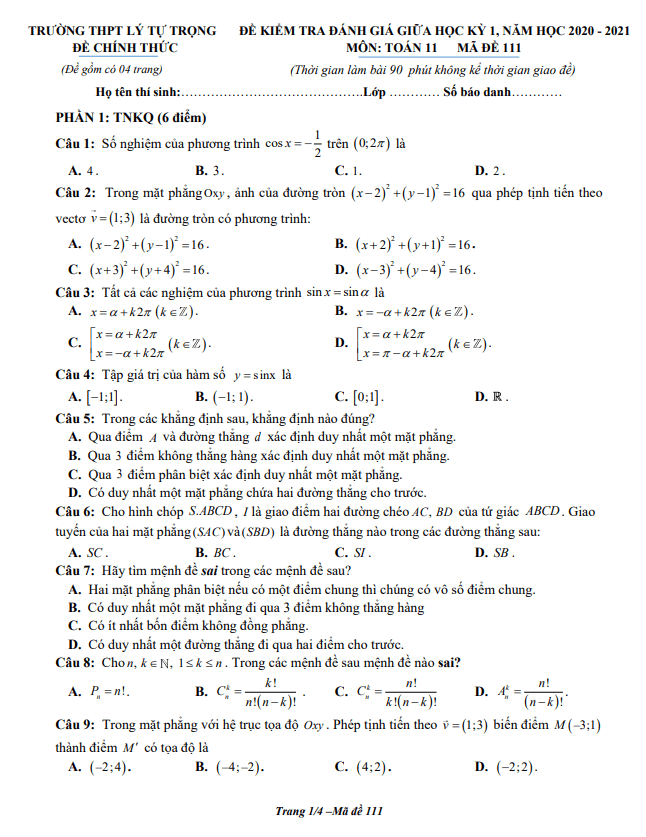 Đề thi giữa HK1 Toán 11 năm 2020 2021 trường THPT Lý Tự Trọng Hà Tĩnh