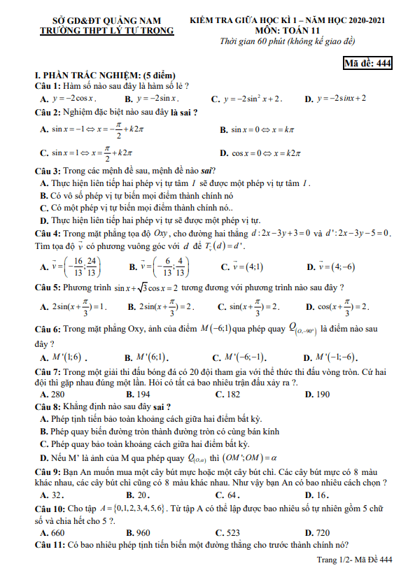 Đề thi giữa HK1 Toán 11 năm 2020 2021 trường THPT Lý Tự Trọng Quảng Nam