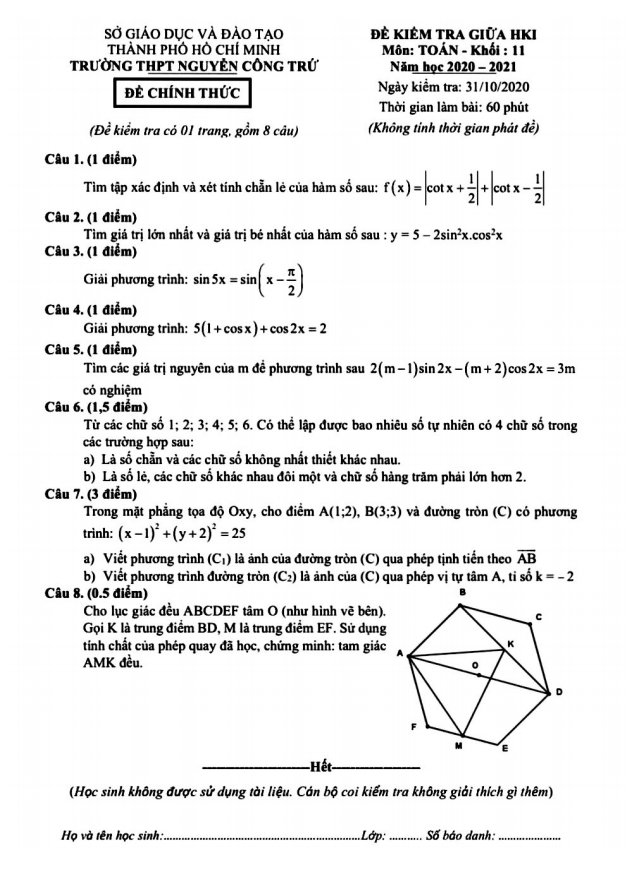 Đề thi giữa HK1 Toán 11 năm 2020 2021 trường THPT Nguyễn Công Trứ TP HCM