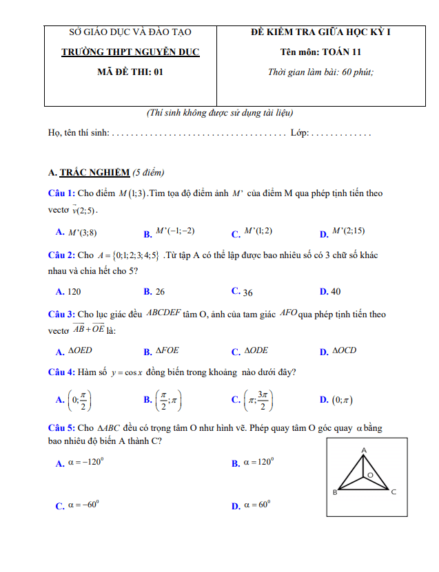 Đề thi giữa HK1 Toán 11 năm 2020 2021 trường THPT Nguyễn Dục Quảng Nam