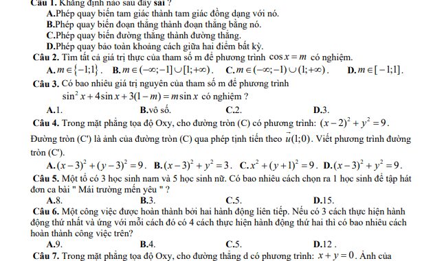 Đề thi giữa HK1 Toán 11 năm 2020 2021 trường THPT Nguyễn Huệ Quảng Nam