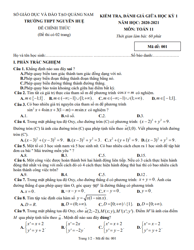 Đề thi giữa HK1 Toán 11 năm 2020 2021 trường THPT Nguyễn Huệ Quảng Nam