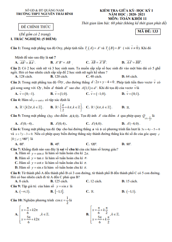 Đề thi giữa HK1 Toán 11 năm 2020 2021 trường THPT Nguyễn Thái Bình Quảng Nam