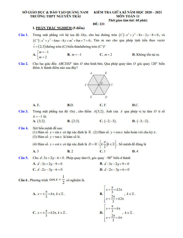 Đề thi giữa HK1 Toán 11 năm 2020 2021 trường THPT Nguyễn Trãi Quảng Nam