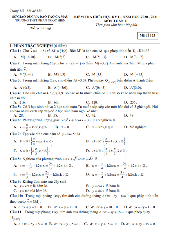 Đề thi giữa HK1 Toán 11 năm 2020 2021 trường THPT Phan Ngọc Hiển Cà Mau