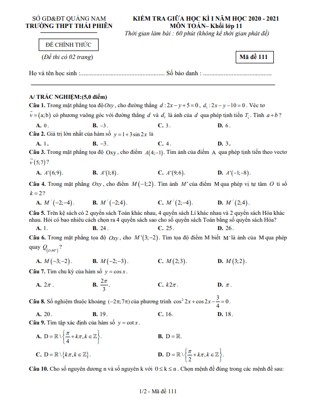 Đề thi giữa HK1 Toán 11 năm 2020 2021 trường THPT Thái Phiên Quảng Nam