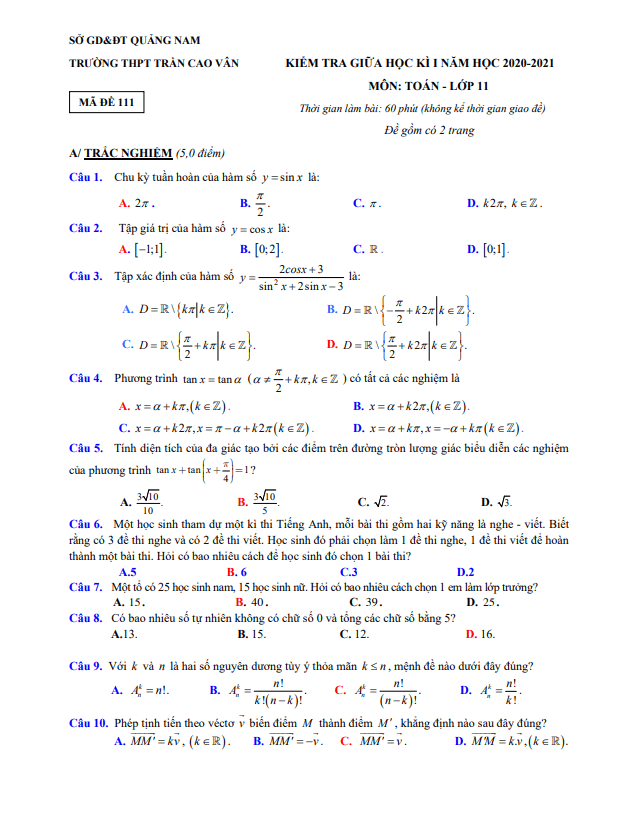 Đề thi giữa HK1 Toán 11 năm 2020 2021 trường THPT Trần Cao Vân Quảng Nam