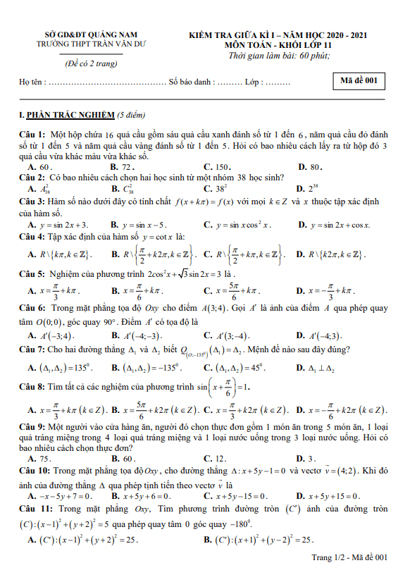 Đề thi giữa HK1 Toán 11 năm 2020 2021 trường THPT Trần Văn Dư Quảng Nam