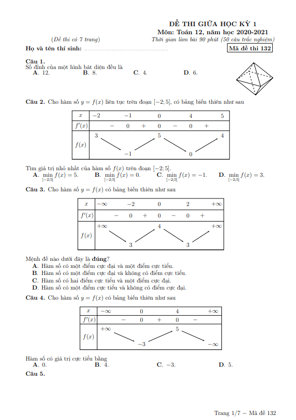 Đề thi giữa HK1 Toán 12 năm 2020 2021 trường Nguyễn Thị Minh Khai Hà Nội