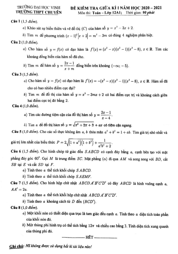 Đề thi giữa HK1 Toán 12 năm 2020 2021 trường THPT chuyên ĐH Vinh Nghệ An