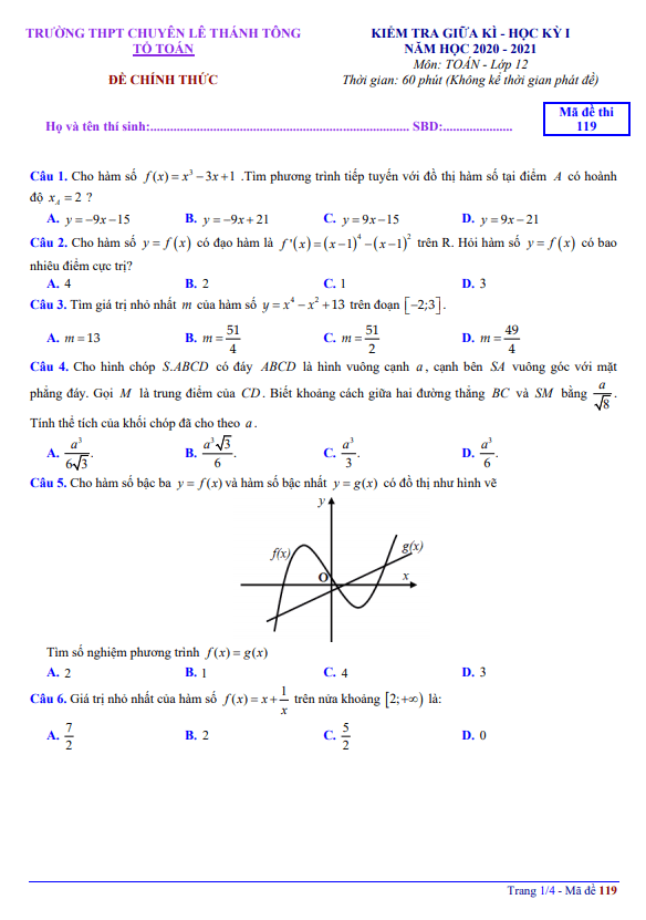 Đề thi giữa HK1 Toán 12 năm 2020 2021 trường THPT chuyên Lê Thánh Tông Quảng Nam