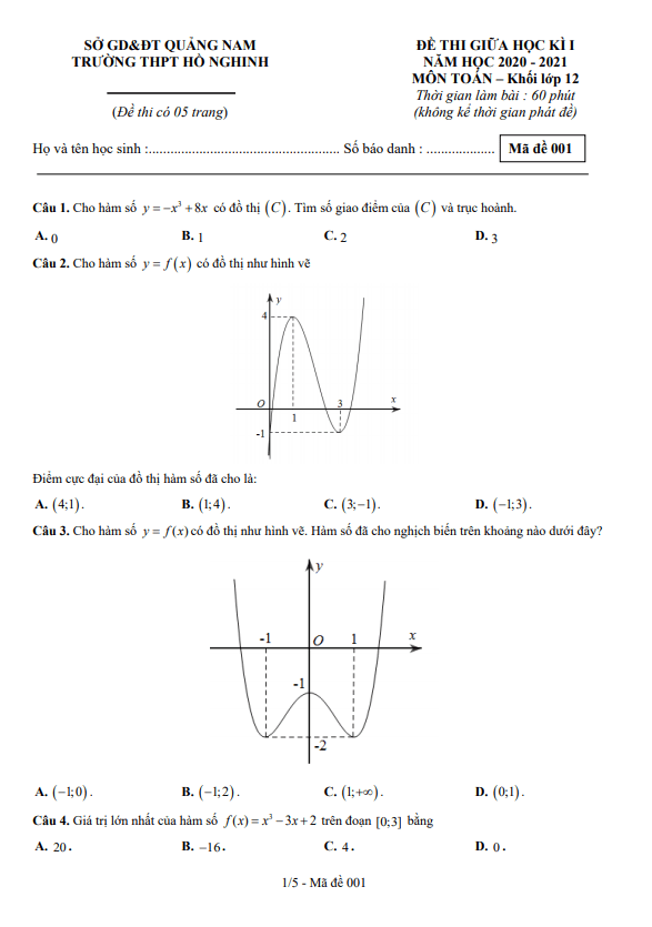Đề thi giữa HK1 Toán 12 năm 2020 2021 trường THPT Hồ Nghinh Quảng Nam