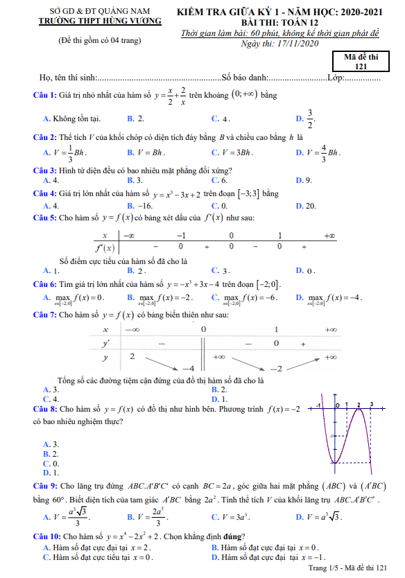Đề thi giữa HK1 Toán 12 năm 2020 2021 trường THPT Hùng Vương Quảng Nam