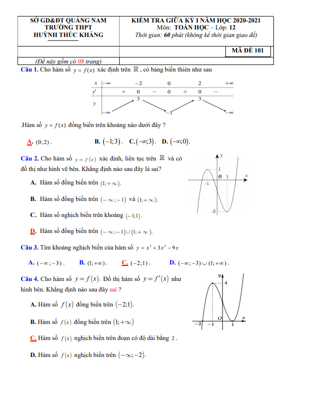 Đề thi giữa HK1 Toán 12 năm 2020 2021 trường THPT Huỳnh Thúc Kháng Quảng Nam