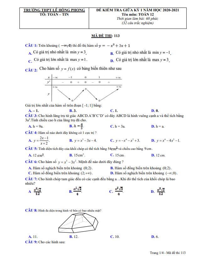 Đề thi giữa HK1 Toán 12 năm 2020 2021 trường THPT Lê Hồng Phong Quảng Nam