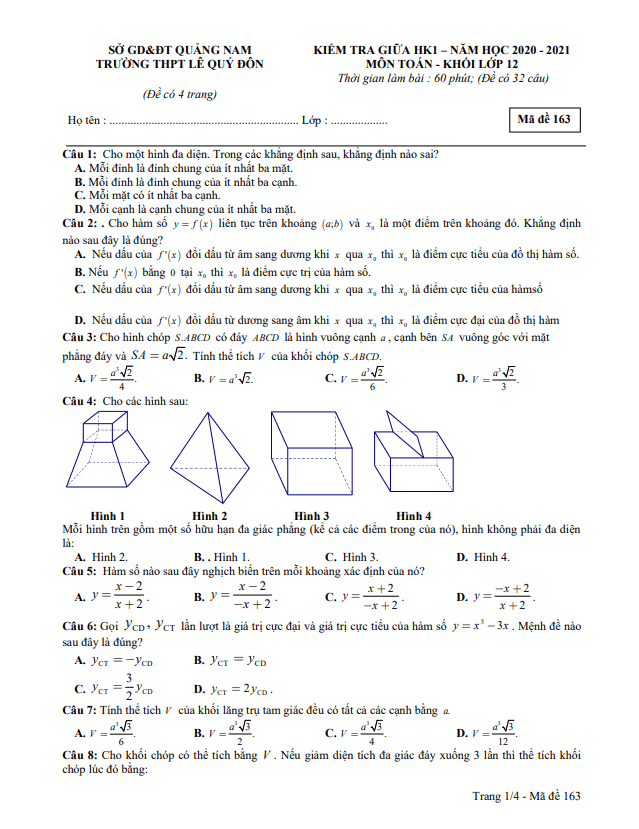 Đề thi giữa HK1 Toán 12 năm 2020 2021 trường THPT Lê Quý Đôn Quảng Nam