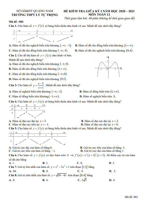 Đề thi giữa HK1 Toán 12 năm 2020 2021 trường THPT Lý Tự Trọng Quảng Nam