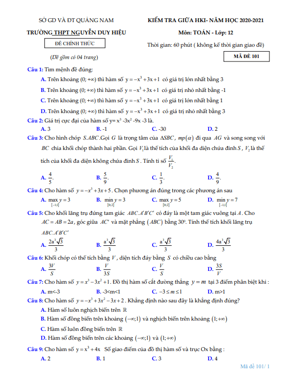 Đề thi giữa HK1 Toán 12 năm 2020 2021 trường THPT Nguyễn Duy Hiệu Quảng Nam