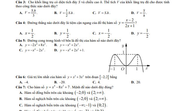 Đề thi giữa HK1 Toán 12 năm 2020 2021 trường THPT Nguyễn Hiền Quảng Nam