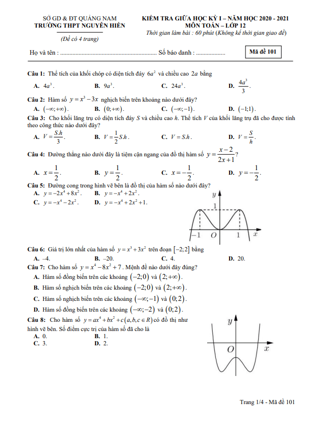 Đề thi giữa HK1 Toán 12 năm 2020 2021 trường THPT Nguyễn Hiền Quảng Nam
