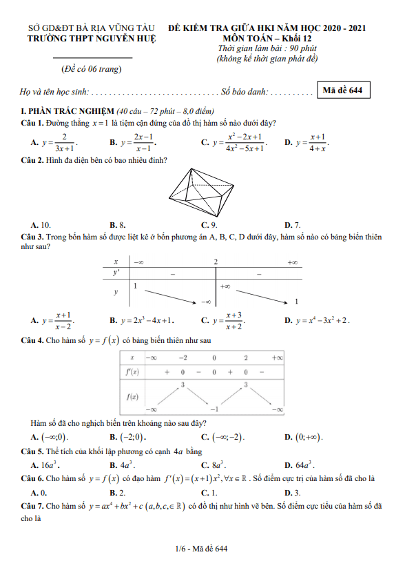 Đề thi giữa HK1 Toán 12 năm 2020 2021 trường THPT Nguyễn Huệ Bà Rịa Vũng Tàu