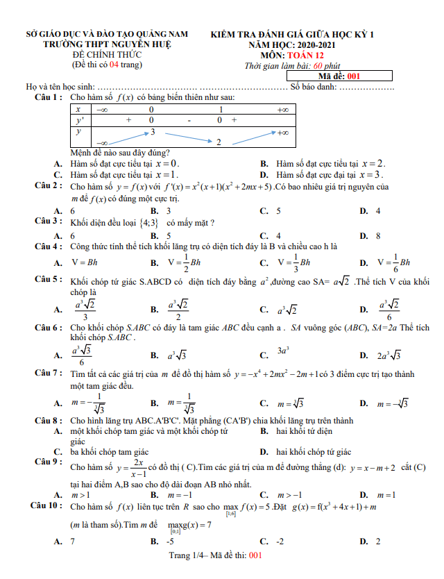 Đề thi giữa HK1 Toán 12 năm 2020 2021 trường THPT Nguyễn Huệ Quảng Nam