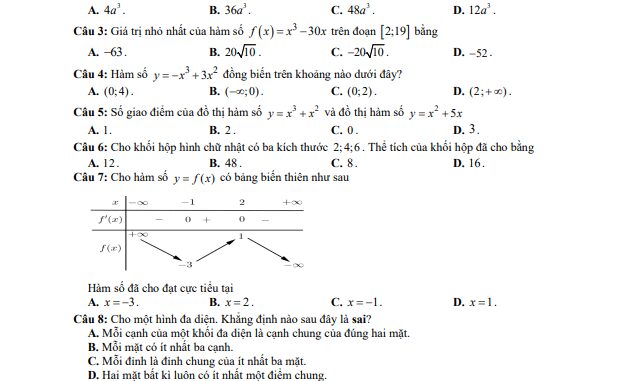 Đề thi giữa HK1 Toán 12 năm 2020 2021 trường THPT Nguyễn Thái Bình Quảng Nam