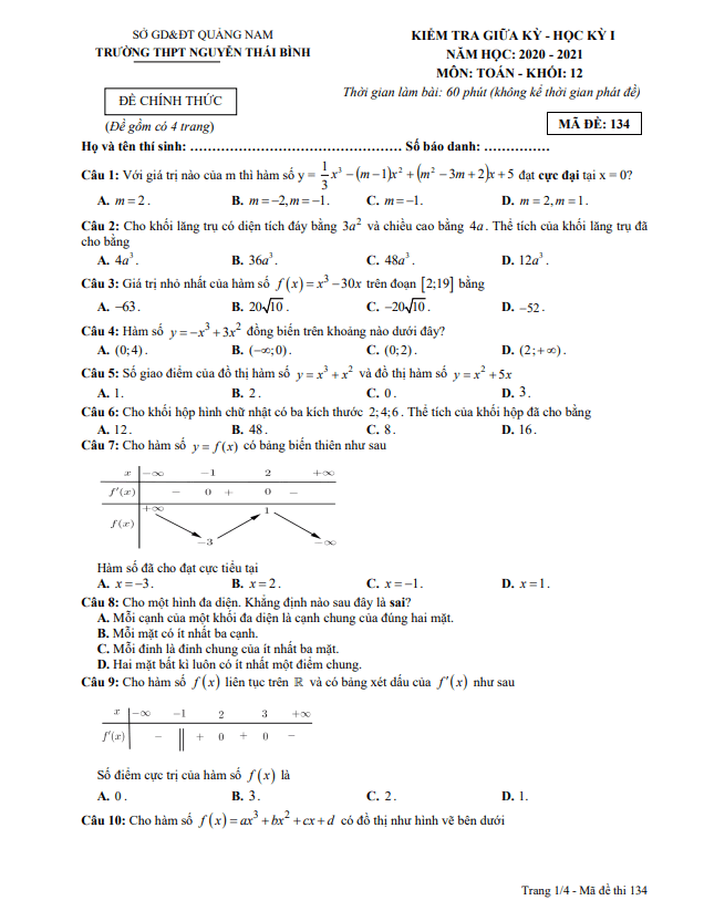 Đề thi giữa HK1 Toán 12 năm 2020 2021 trường THPT Nguyễn Thái Bình Quảng Nam