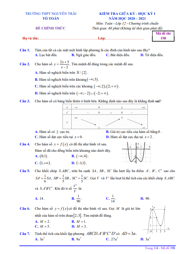 Đề thi giữa HK1 Toán 12 năm 2020 2021 trường THPT Nguyễn Trãi Quảng Nam